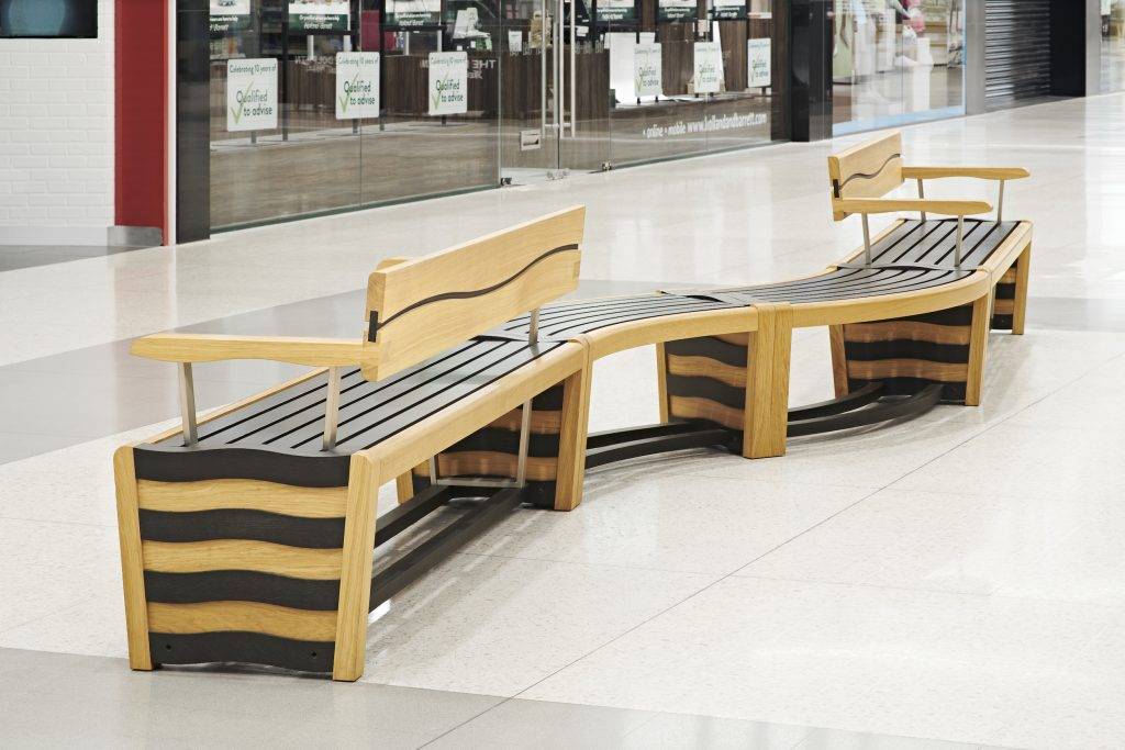 Dolphin Shopping Centre Seating, Poole, 2020. Natural and black lacquered oak.